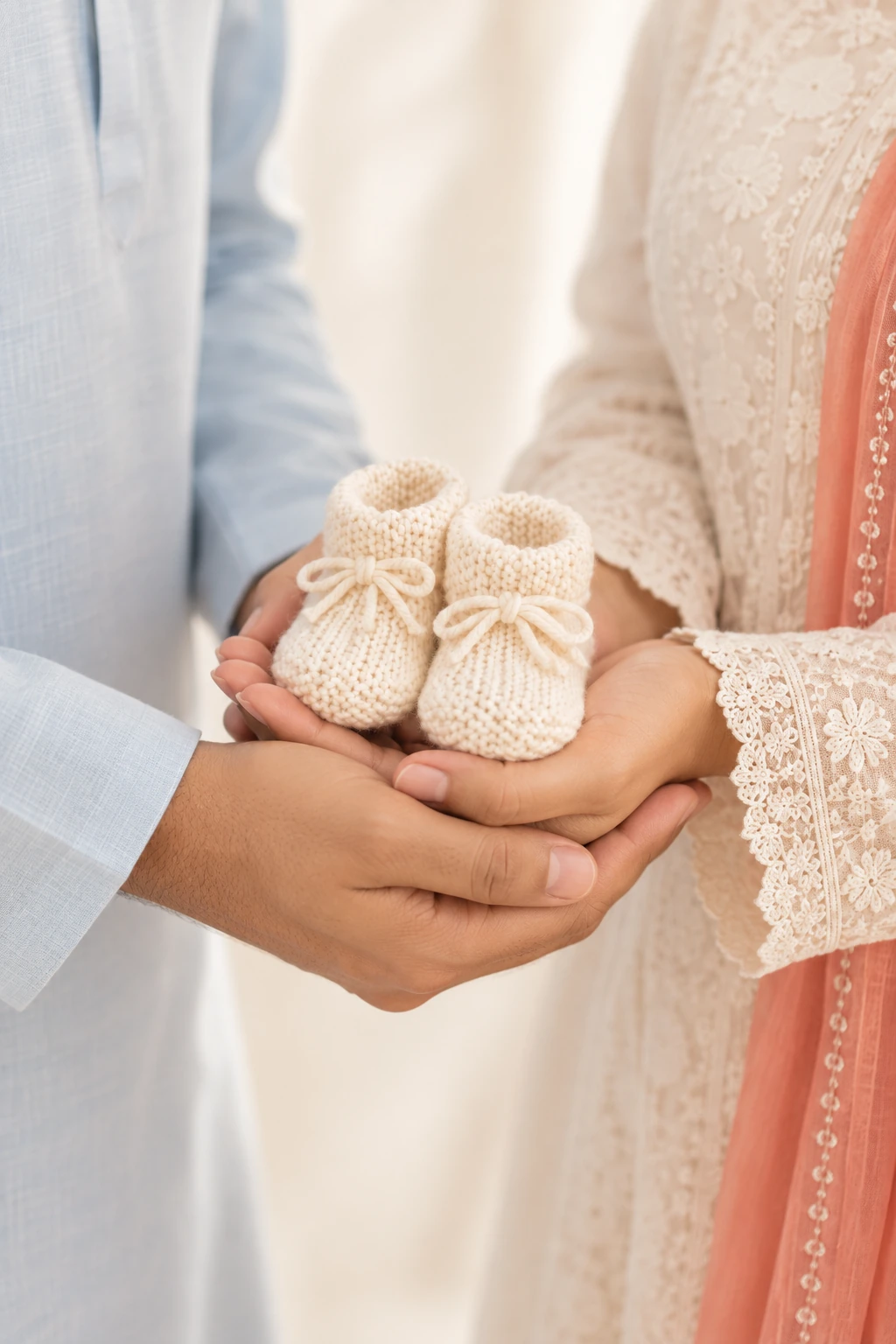 Illustrative close-up of tiny ivory baby booties cradled in a woman’s hands, gently supported from beneath by her partner’s hands