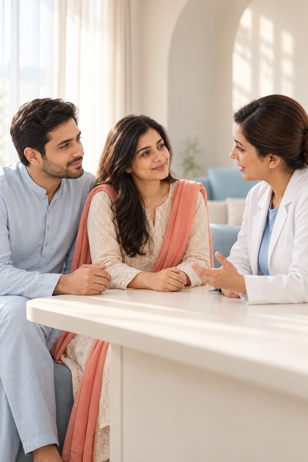 Illustrative scene of a Pakistani couple attending a warm counselling session together with a female doctor