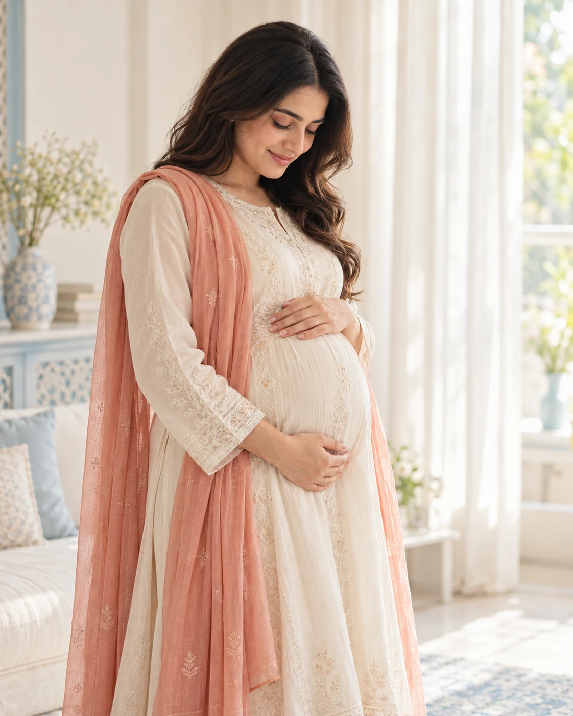 Illustrative portrait of a pregnant woman gently holding her belly